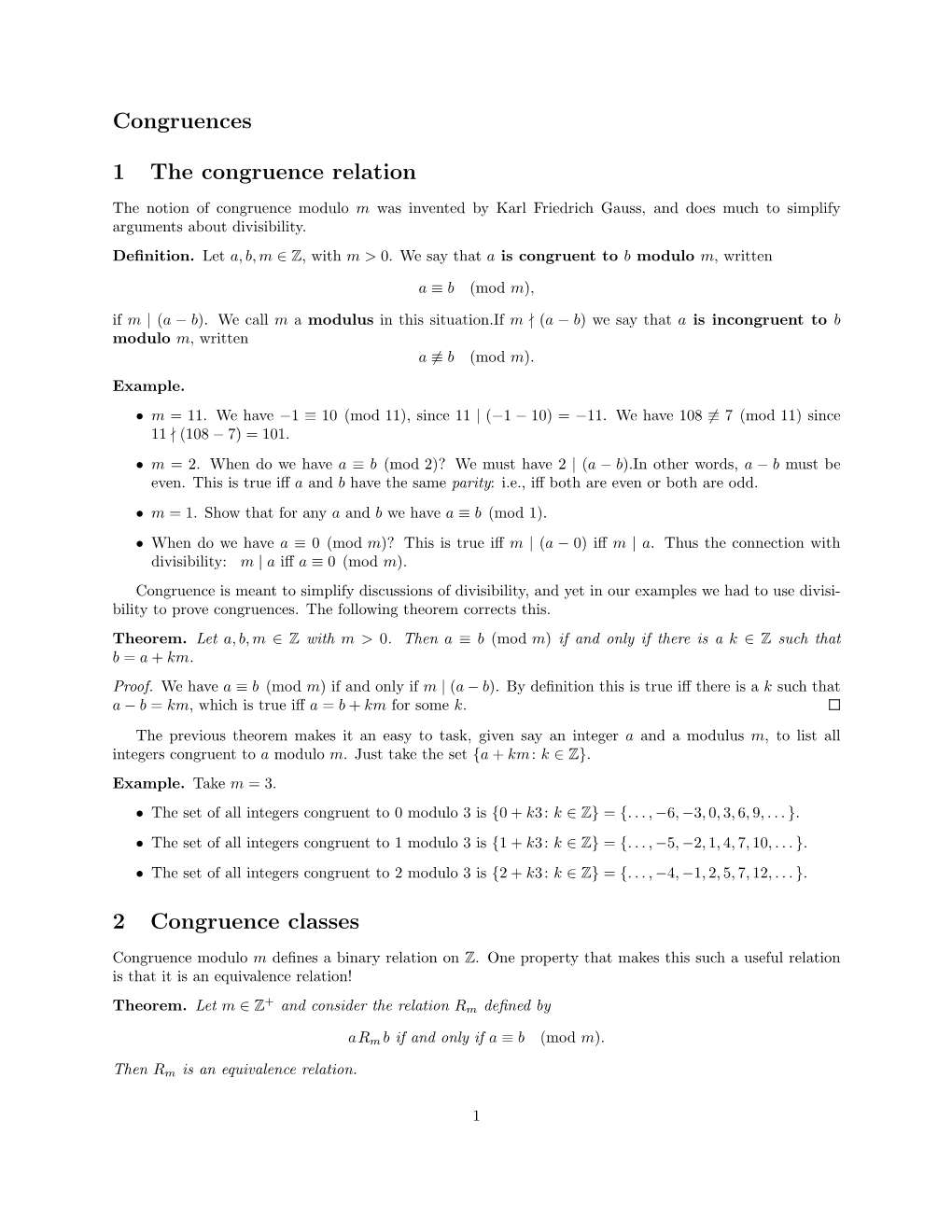 Congruences 1 the Congruence Relation 2 Congruence Classes