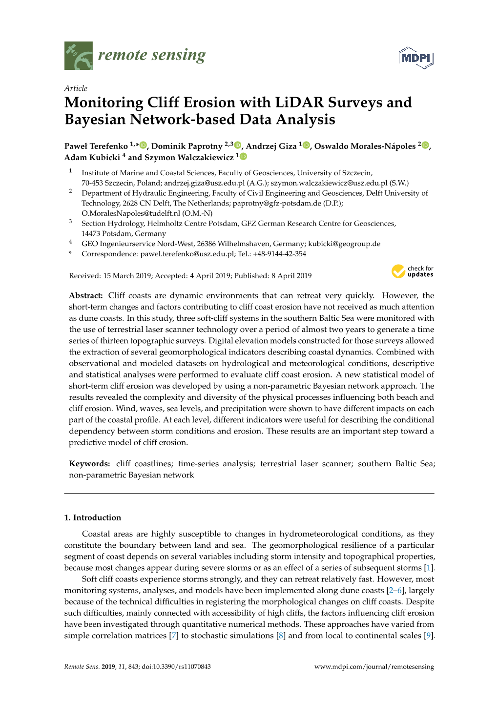Monitoring Cliff Erosion with Lidar Surveys and Bayesian Network-Based Data Analysis