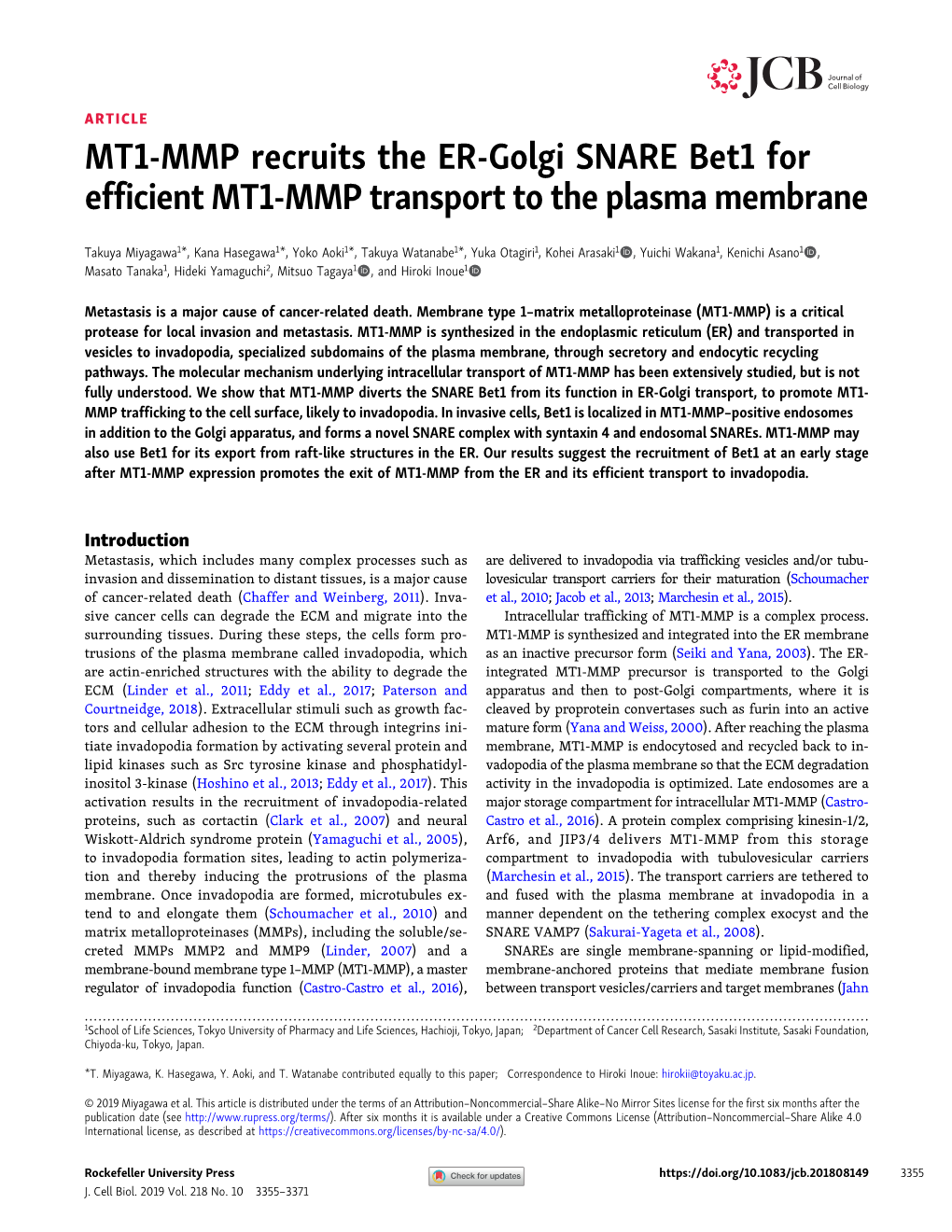 MT1-MMP Recruits the ER-Golgi SNARE Bet1 for Efficient MT1-MMP Transport to the Plasma Membrane