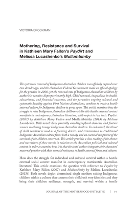 Mothering, Resistance and Survival in Kathleen Mary Fallon's Paydirt and Melissa Lucashenko's Mullumbimby