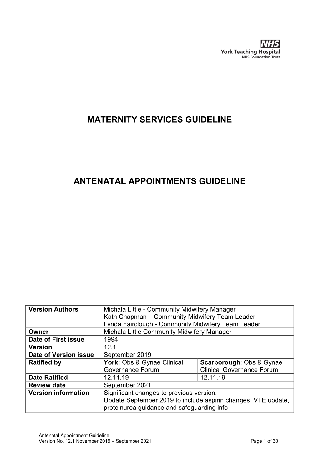 Maternity Services Guideline Antenatal Appointments