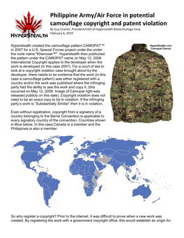 Philippine Army/Air Force in Potential Camouflage Copyright and Patent Violation by Guy Cramer, President/CEO of Hyperstealth Biotechnology Corp