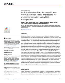 Misidentification of Sex for Lampsilis Teres, Yellow Sandshell, and Its Implications for Mussel Conservation and Wildlife Management