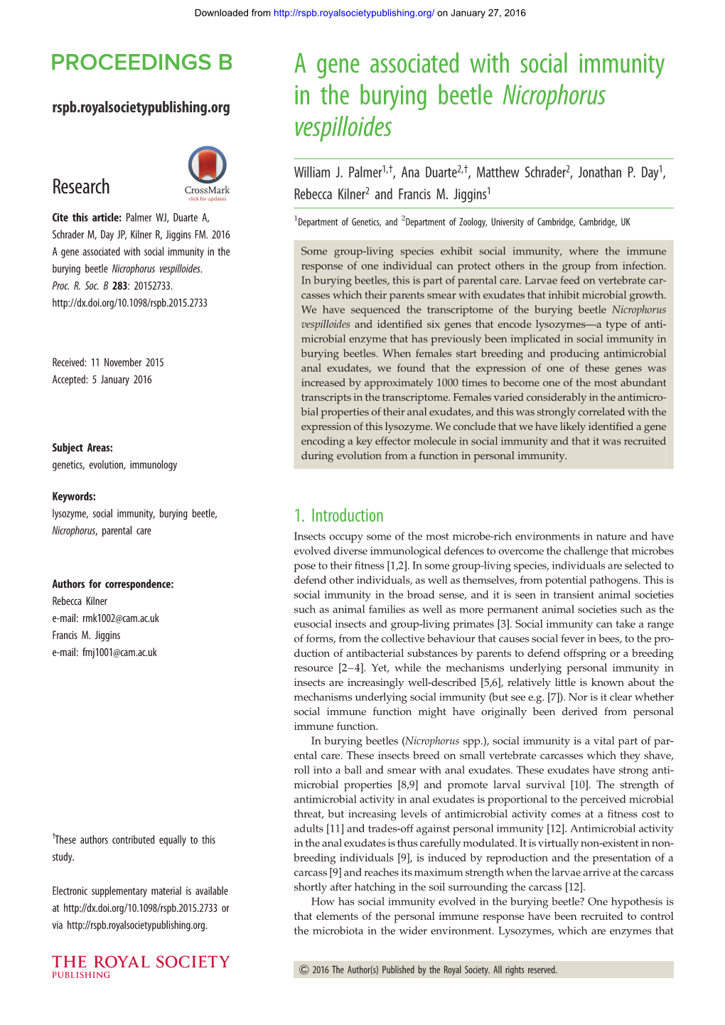 A Gene Associated with Social Immunity in the Burying Beetle