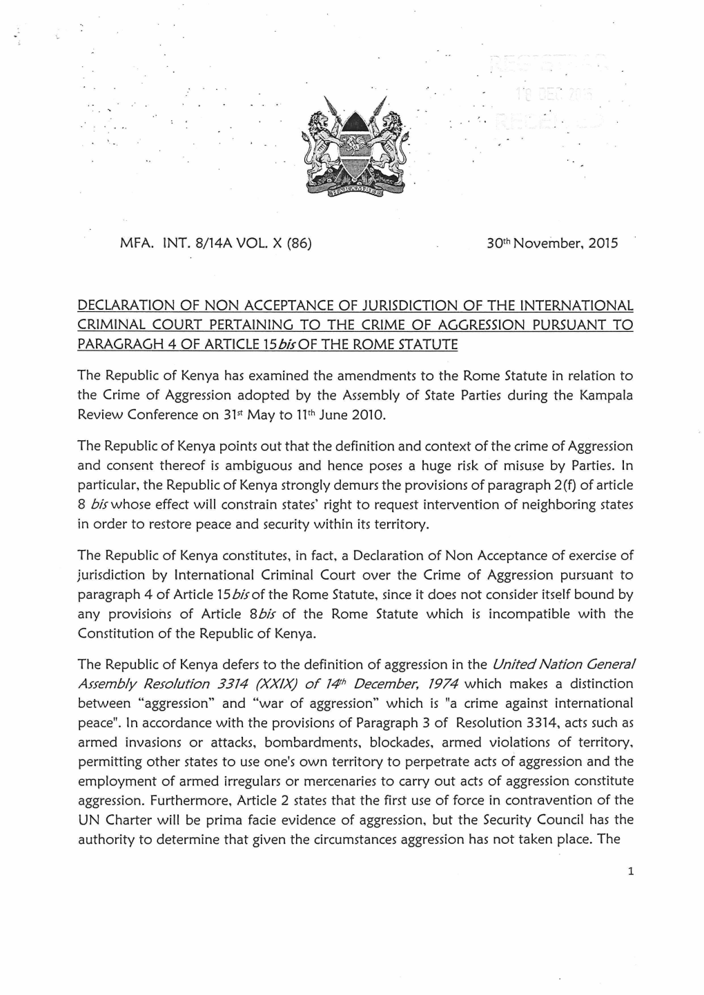 30Thnovember, 2015 DECLARATION of NON ACCEPTANCE OF