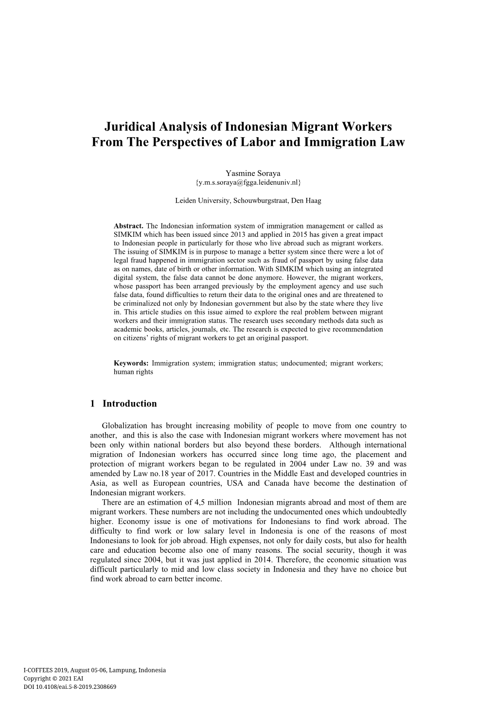 Juridical Analysis of Indonesian Migrant Workers from the Perspectives of Labor and Immigration Law