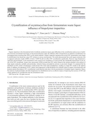 Crystallization of Oxytetracycline from Fermentation Waste Liquor: Inﬂuence of Biopolymer Impurities