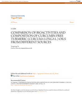 CURCUMA LONGA L.) OILS from DIFFERENT SOURCES Yongxiang Yu Clemson University, Yongxia@Clemson.Edu