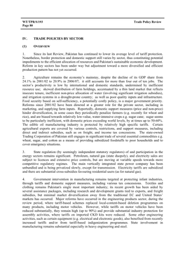 IV. TRADE POLICIES by SECTOR (1) 1. Since Its Last Review, Pakistan