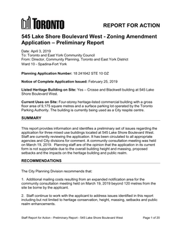 545 Lake Shore Boulevard West - Zoning Amendment Application – Preliminary Report