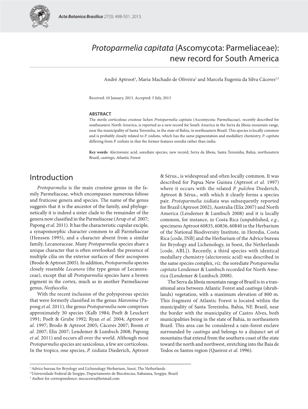 Protoparmelia Capitata (Ascomycota: Parmeliaceae): New Record for South America