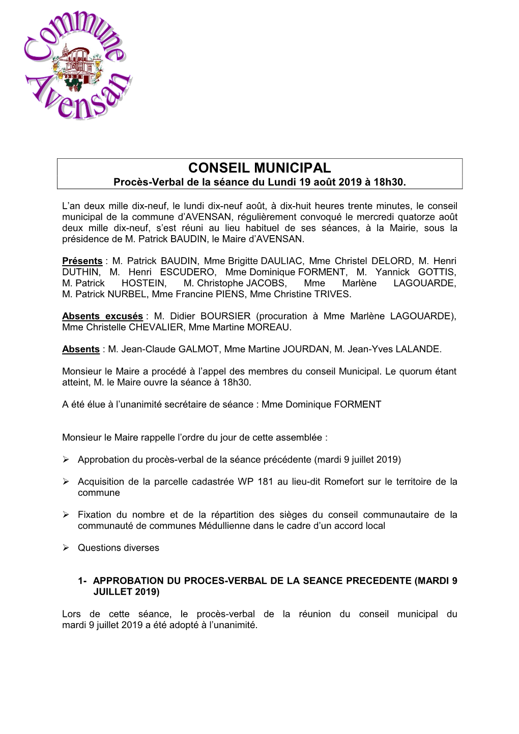 CONSEIL MUNICIPAL Procès-Verbal De La Séance Du Lundi 19 Août 2019 À 18H30