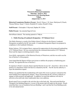 Minutes Watertown Historical Commission Thursday, April 11, 2013 Watertown Lower Hearing Room 7:00Pm Adopted July 11, 2013