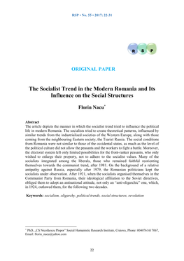 The Socialist Trend in the Modern Romania and Its Influence on the Social Structures