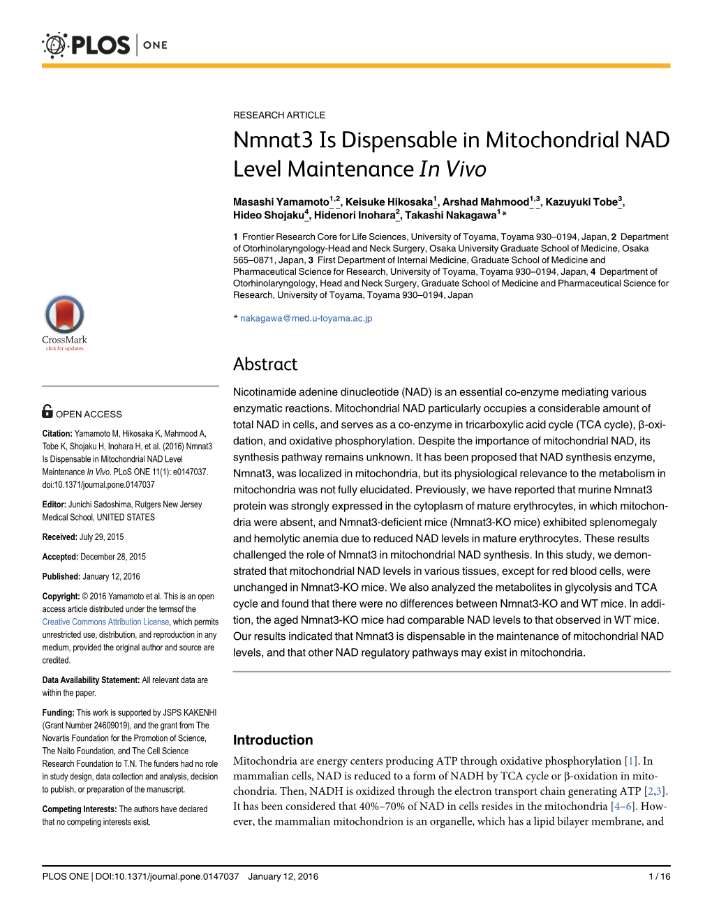 Nmnat3 Is Dispensable in Mitochondrial NAD Level Maintenance in Vivo
