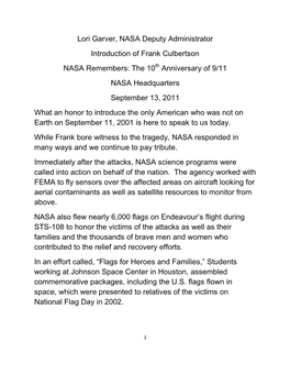 Lori Garver, NASA Deputy Administrator Introduction of Frank