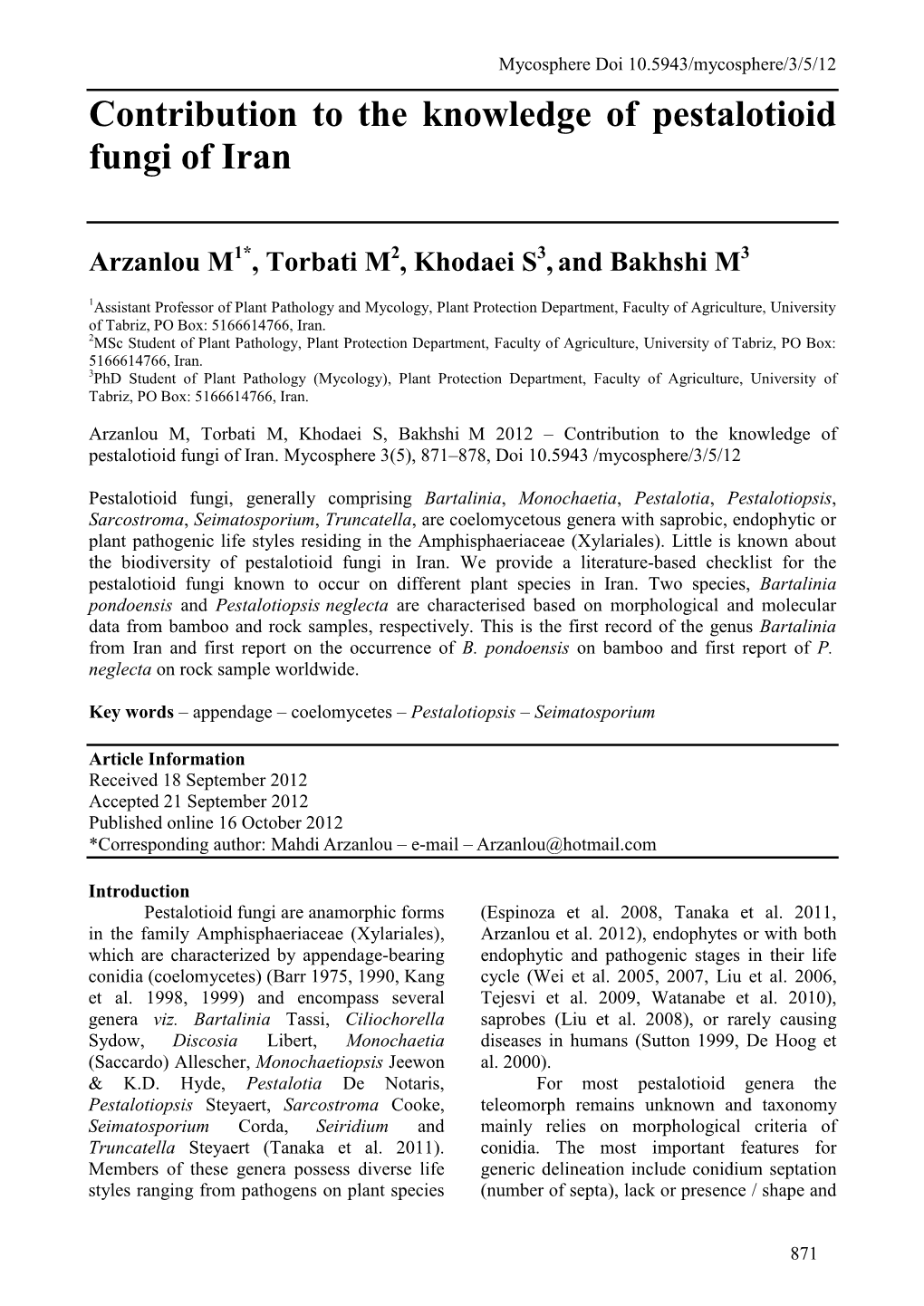 Contribution to the Knowledge of Pestalotioid Fungi of Iran