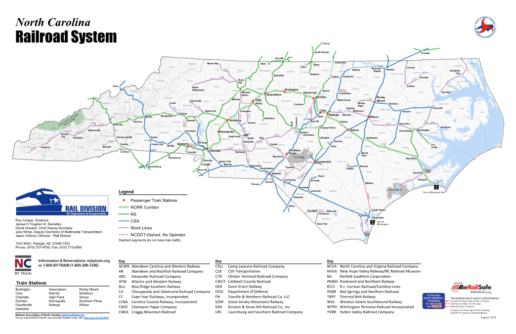 North Carolina Railroad System Map-August 2019