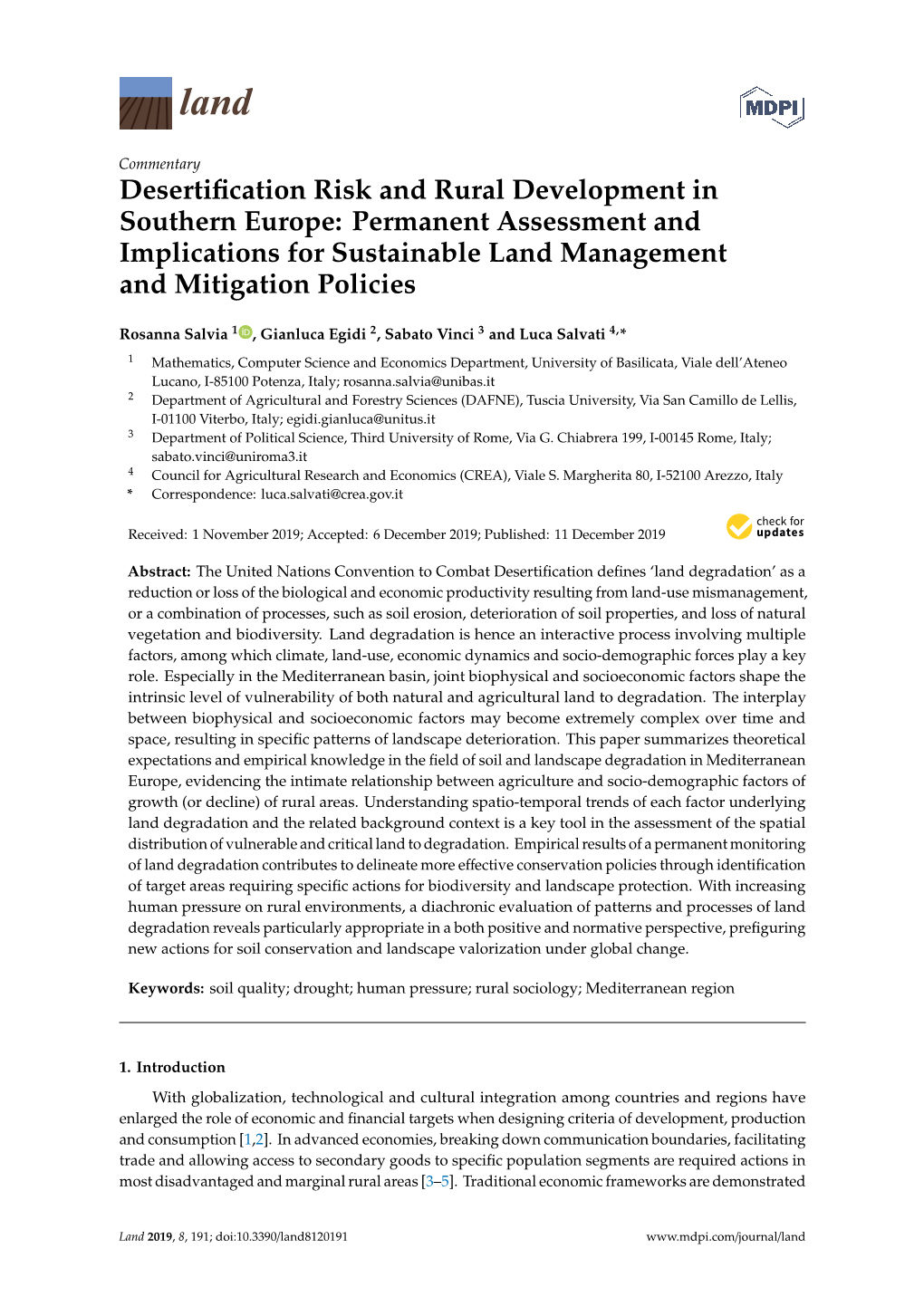 Desertification Risk and Rural Development in Southern Europe