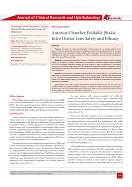Anterior Chamber Foldable Phakic Intra Ocular Lens Safety and Efficacy