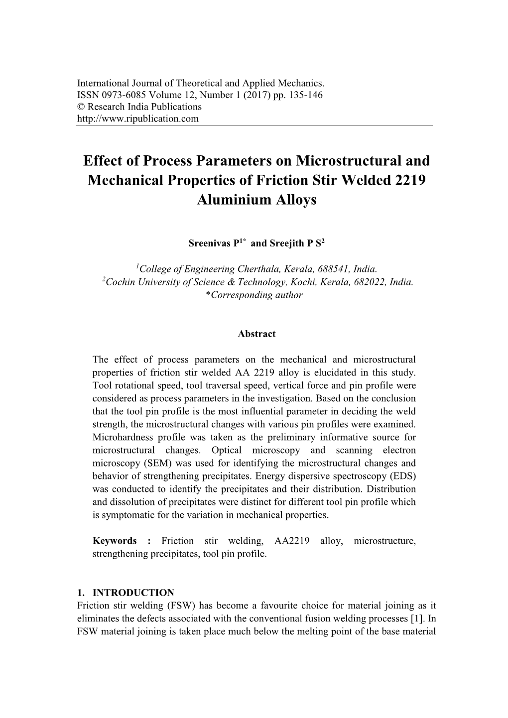 Effect of Process Parameters on Microstructural and Mechanical Properties of Friction Stir Welded 2219 Aluminium Alloys