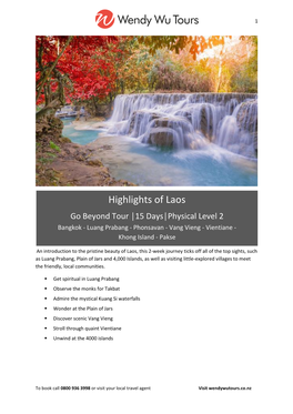 Highlights of Laos Go Beyond Tour │15 Days│Physical Level 2 Bangkok - Luang Prabang - Phonsavan - Vang Vieng - Vientiane - Khong Island - Pakse