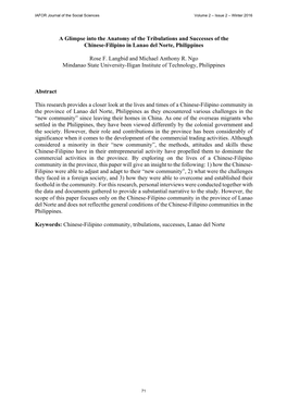 A Glimpse Into the Anatomy of the Tribulations and Successes of the Chinese-Filipino in Lanao Del Norte, Philippines