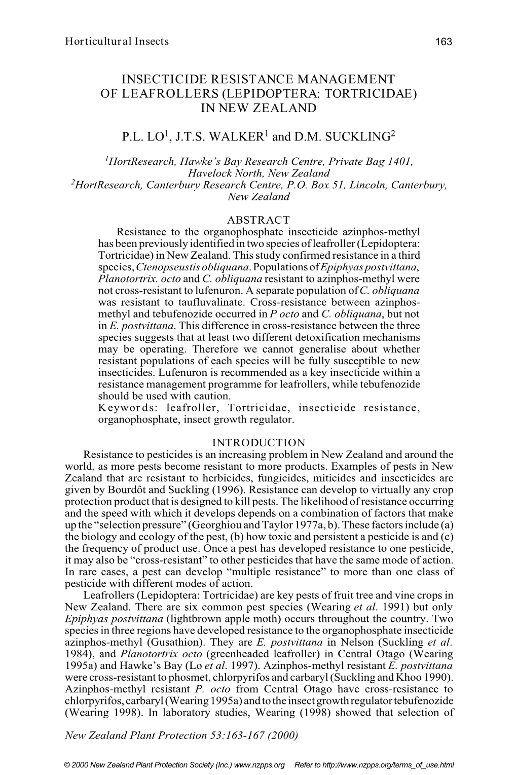 Insecticide Resistance Management of Leafrollers (Lepidoptera: Tortricidae) in New Zealand