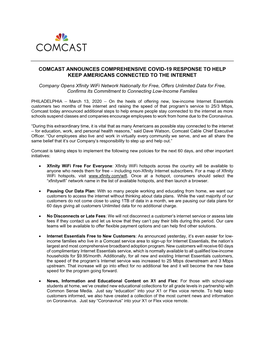 Comcast Announces Comprehensive Covid-19 Response to Help Keep Americans Connected to the Internet