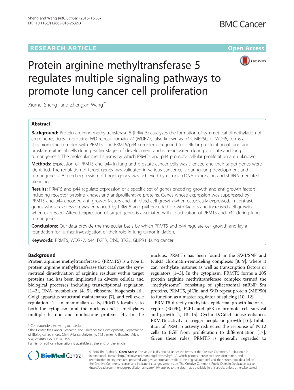 Protein Arginine Methyltransferase 5 Regulates Multiple Signaling Pathways to Promote Lung Cancer Cell Proliferation Xiumei Sheng1 and Zhengxin Wang2*