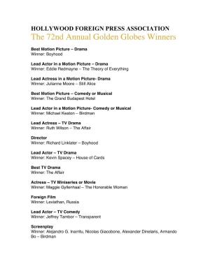 HFPA 72Nd Annual Golden Globes Winners