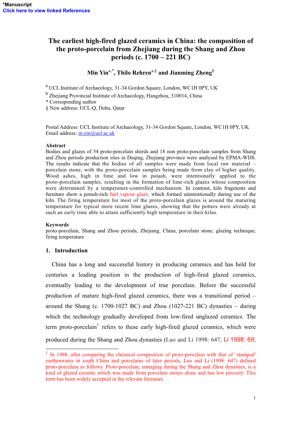 The Earliest High-Fired Glazed Ceramics in China: the Composition of the Proto-Porcelain from Zhejiang During the Shang and Zhou Periods (C