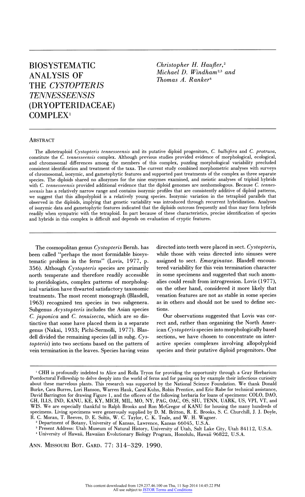 Biosystematic Analysis of the Cystopteris