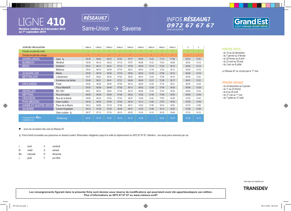 LIGNE 410 0972 67 67 67 Horaires Valables Du 9 Décembre 2018 APPEL NON SURTAXÉ Au 1Er Septembre 2019 Sarre-Union Saverne