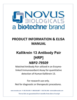 Kallikrein 13 Antibody Pair [HRP] NBP2-79509 Manual