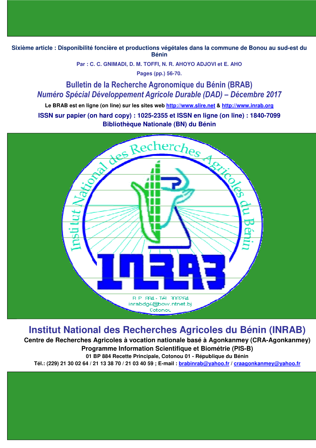 Institut National Des Recherch Ational Des Recherches Agricoles Du Bénin (IN Gricoles Du Bénin (INRAB)