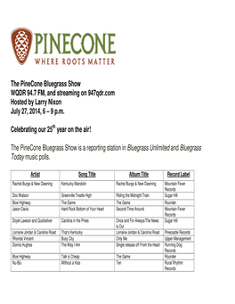 The Pinecone Bluegrass Show WQDR 94.7 FM, and Streaming on 947Qdr.Com Hosted by Larry Nixon July 27, 2014, 6 – 9 P.M