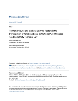 Territorial Courts and the Law: Unifying Factors in the Development of American Legal Institutions-Pt.II-Influences Tending to Unify Territorial Law
