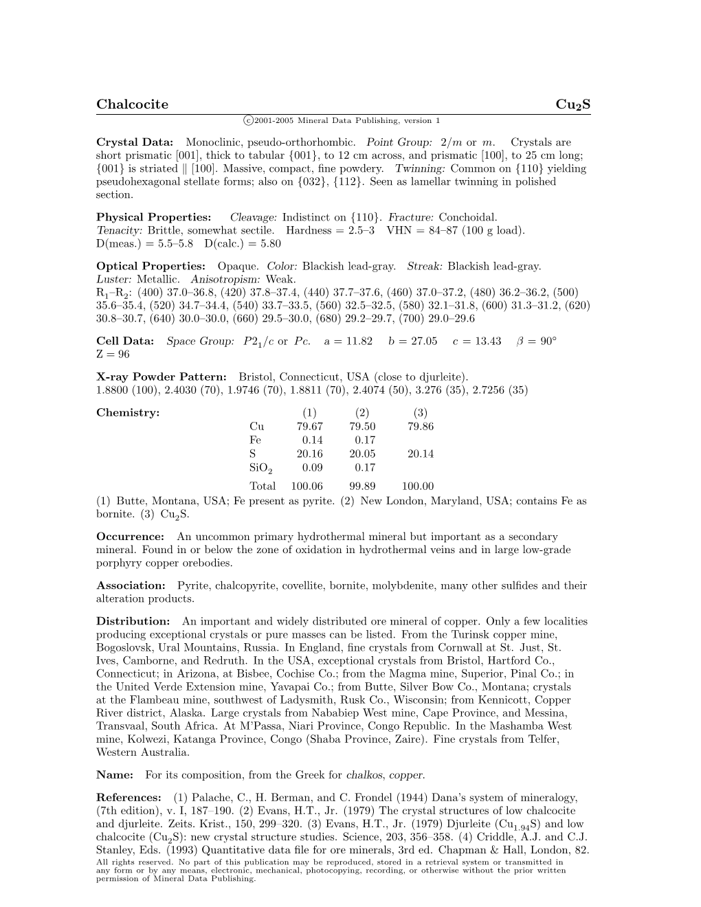 Chalcocite Cu2s C 2001-2005 Mineral Data Publishing, Version 1