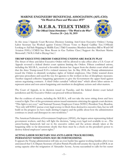 M.E.B.A. TELEX TIMES the Official Union Newsletter – “The Word to the Wise” Number 28 – July 18, 2019