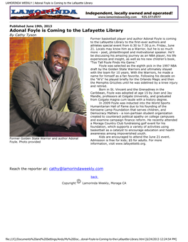 Adonal Foyle Is Coming to the Lafayette Library