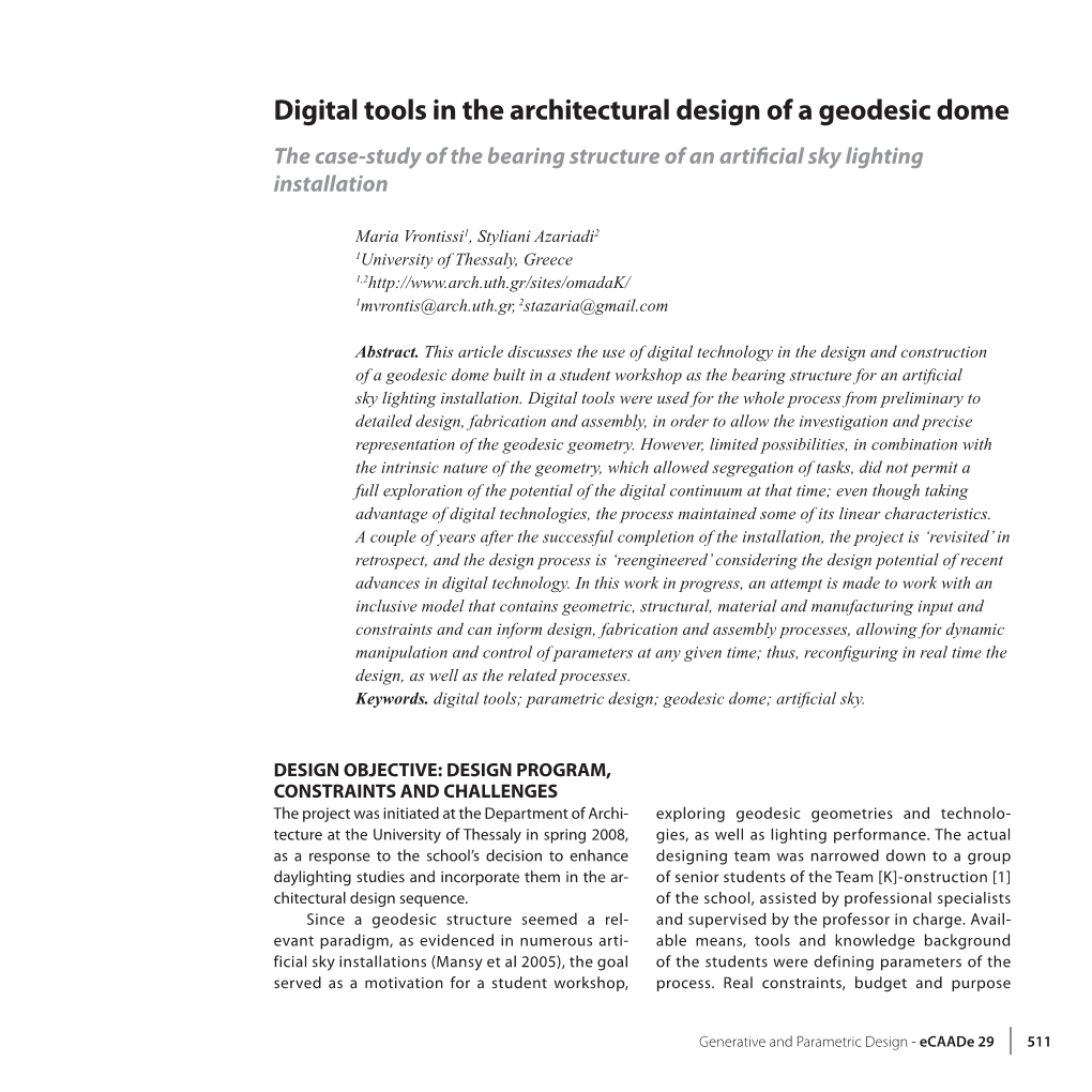 Digital Tools in the Architectural Design of a Geodesic Dome the Case-Study of the Bearing Structure of an Artificial Sky Lighting Installation