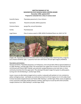 WRITTEN FINDINGS of the WASHINGTON STATE NOXIOUS WEED CONTROL BOARD November 1998; Updated 2017 Proposal to Reclassify from a Class a Noxious Weed