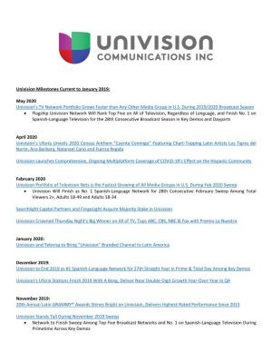 Univision Milestones Current to January 2019: May 2020