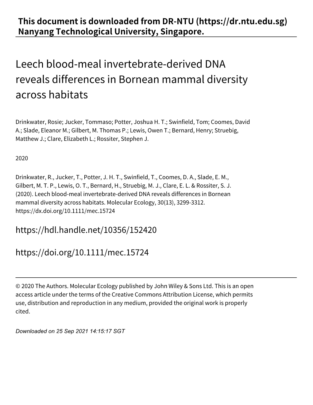 Leech Blood‑Meal Invertebrate‑Derived DNA Reveals Differences in Bornean Mammal Diversity Across Habitats