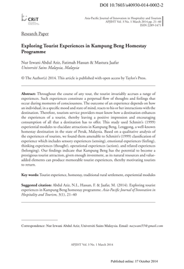 Exploring Tourist Experiences in Kampung Beng Homestay Programme 21 Asia-Pacific Journal of Innovation in Hospitality and Tourism APJIHT Vol