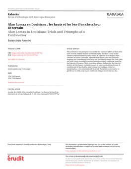 Alan Lomax En Louisiane : Les Hauts Et Les Bas D’Un Chercheur De Terrain Alan Lomax in Louisiana: Trials and Triumphs of a Fieldworker Barry-Jean Ancelet