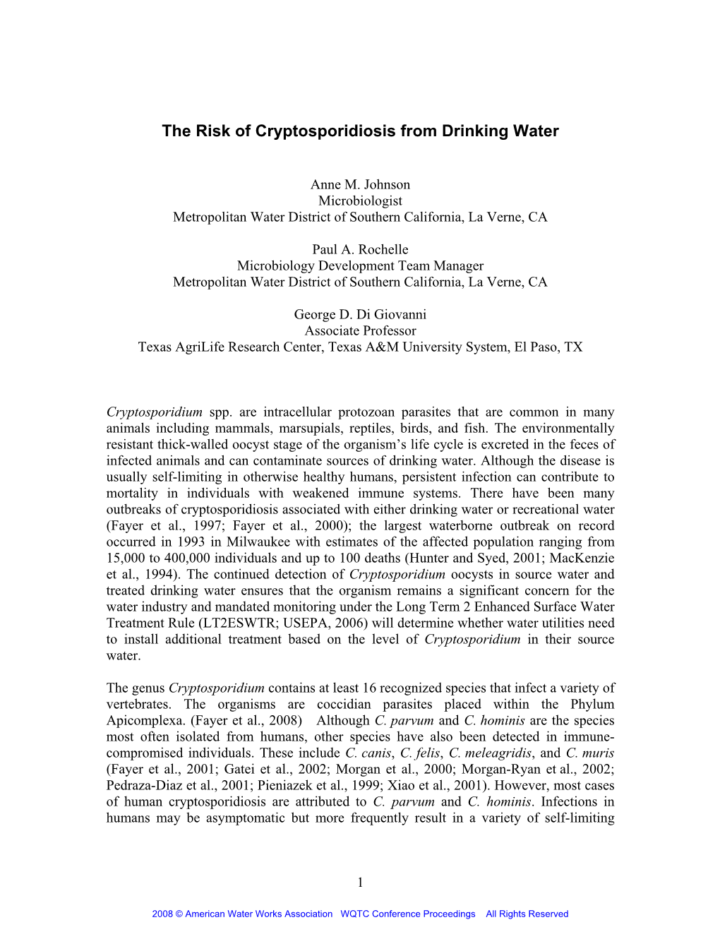 The Risk of Cryptosporidiosis from Drinking Water