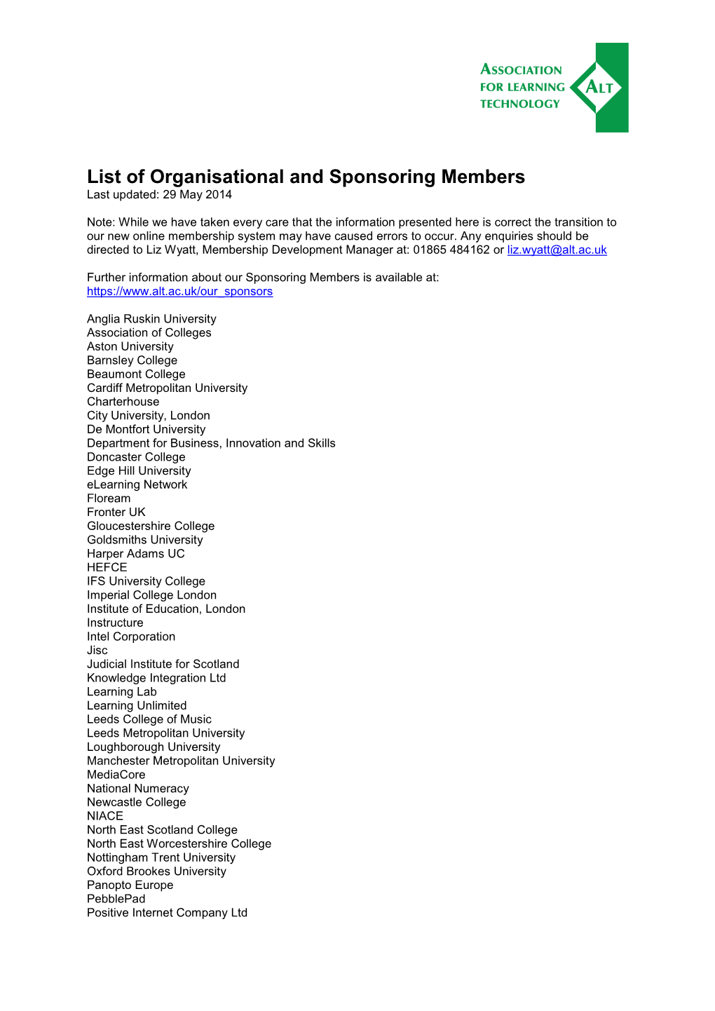 List of Organisational and Sponsoring Members Last Updated: 29 May 2014