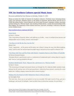TOC for Southern Cultures Special Music Issue